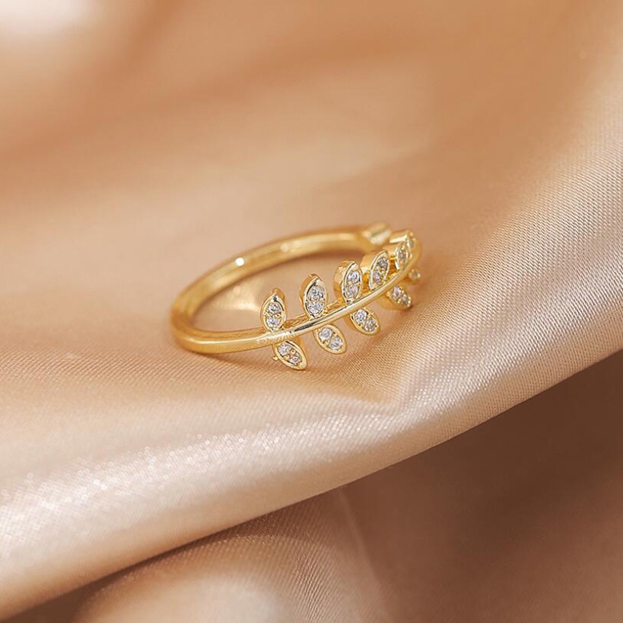 Daun Cincin Terbuka Berlian Baja Titanium Emas Kristal Perhiasan Fashion Wanita Rings Adjustable Size