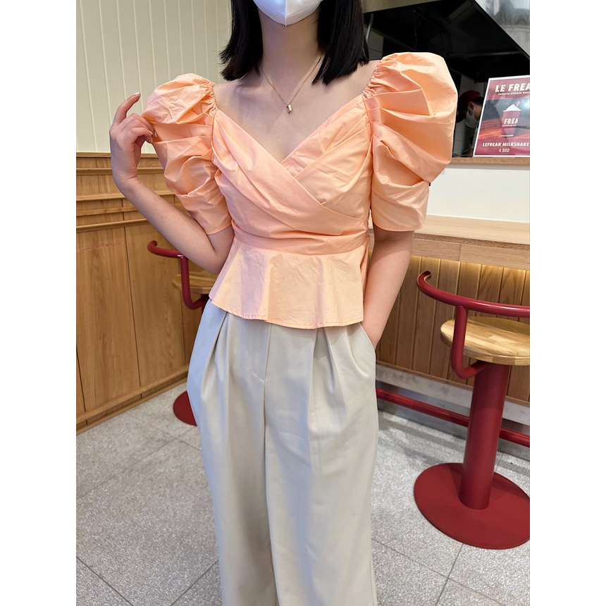 #Sisjuly # Wanita Baru Gaun Musim Panas Perancis Retro Romantis Cross V-Neck Lengan Puff Ruffle Slim