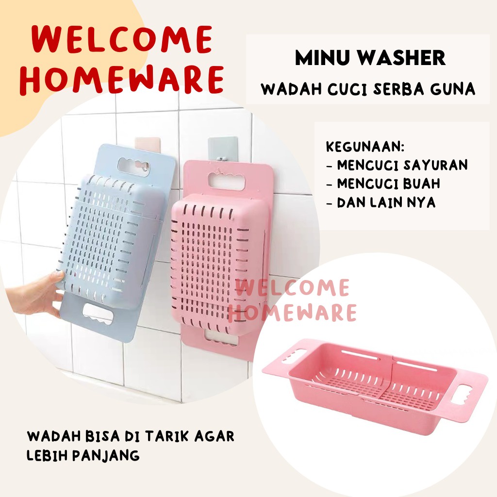 Minu Washer Keranjang Wadah Cuci Sayur Buah Saring Air Bisa Ditarik