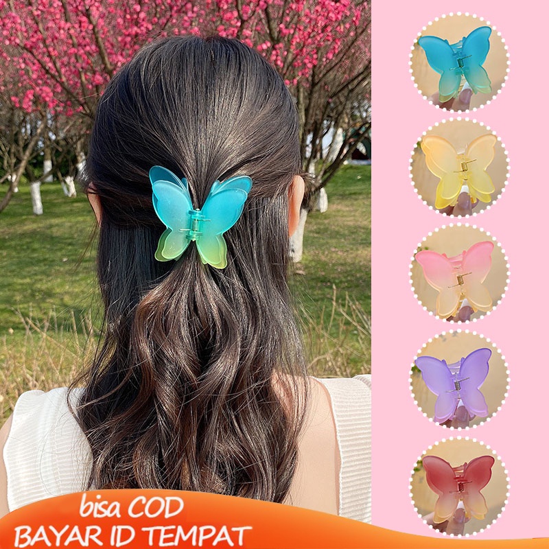 COD❤️Jepit Rambut Kupu-kupu Klip Hiasan Rambut Dua Warna Gradien Wanita Double Layer Aksesoris Simple Murah Fashion