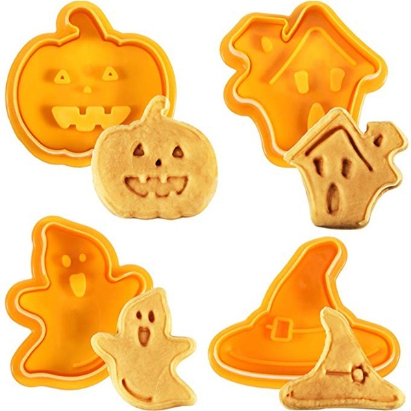 4pcs/set Halloween Cookie Mould / Biscuit Stamp Fondant Stamper  /3D Cookie Plunger Cutter / DIY Baking Mould Cookie Cutters For Kitchen Tools