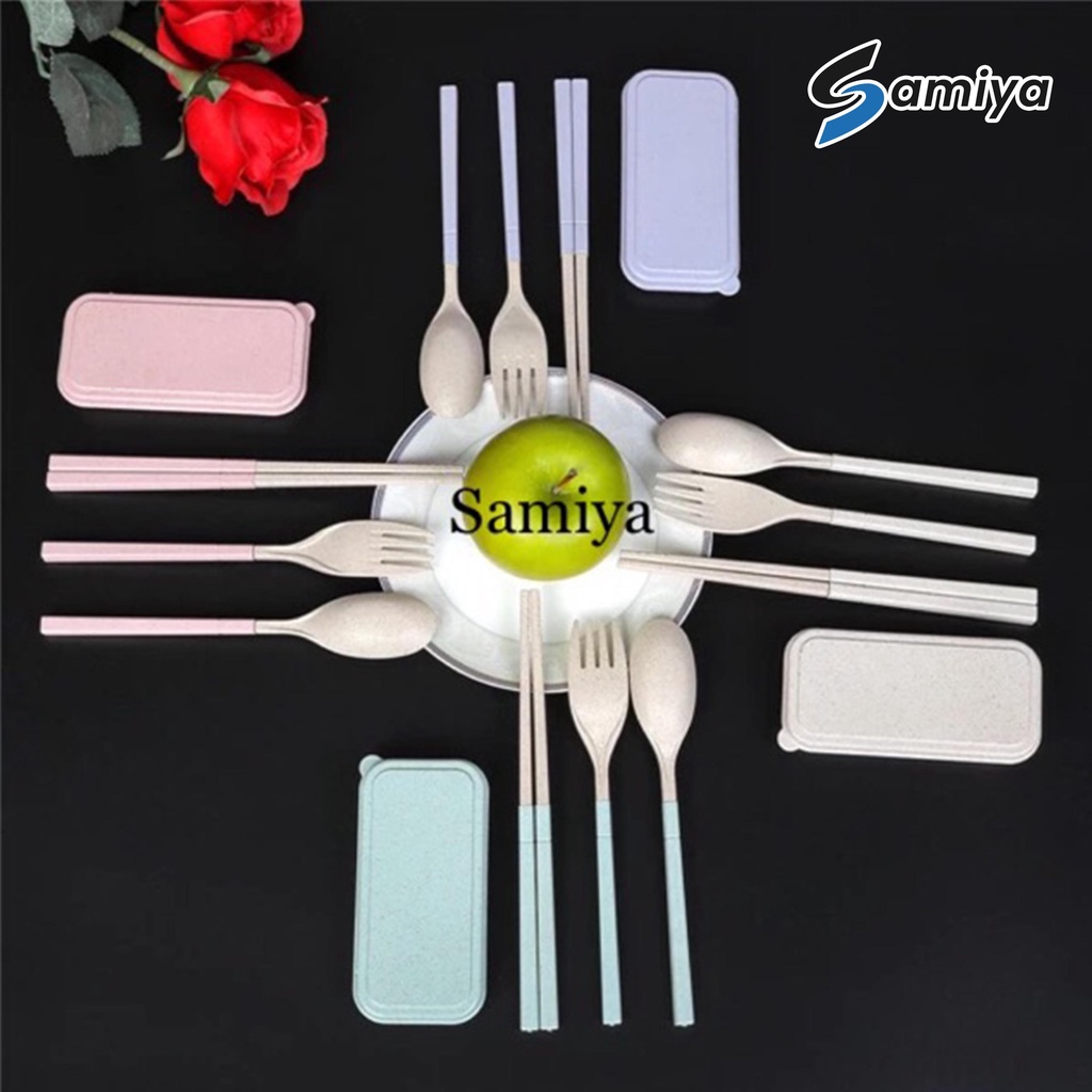 Wheat straw cutlery set / alat makan portable set / sendok garpu sumpit gandum wheatstraw