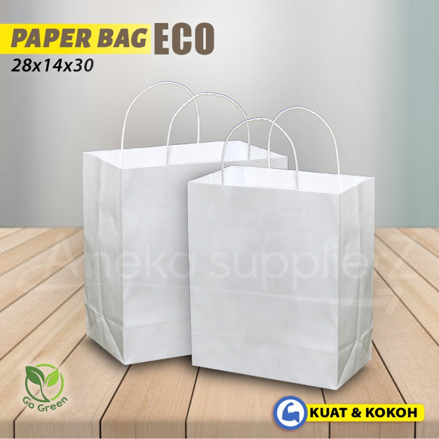 

Paper Bag Polos - Paper Bag Tali Kertas | 28 x14 x 30 - PUTIH -( 20 Pcs )