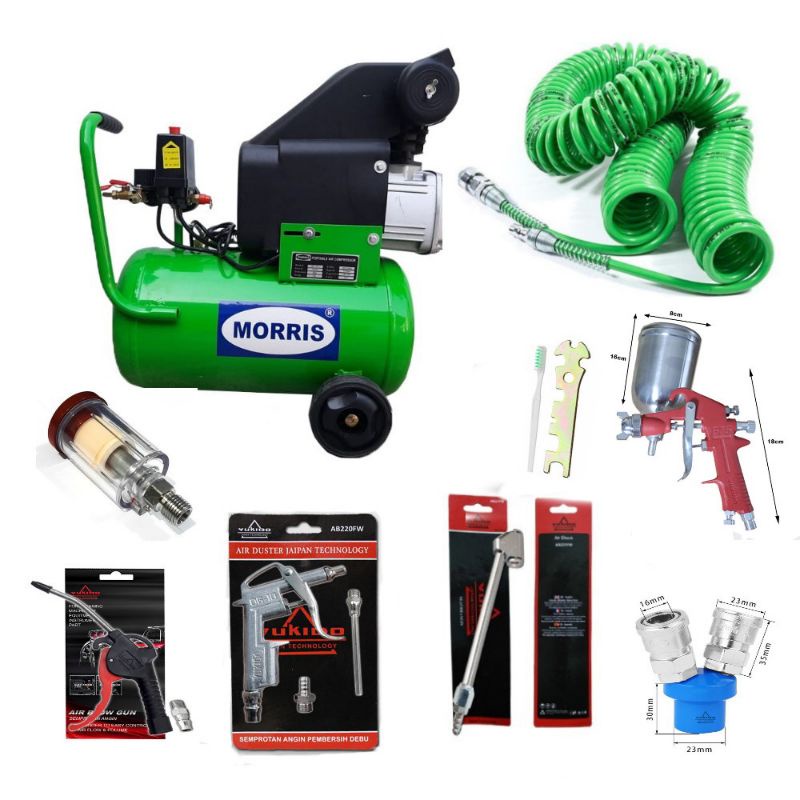 PROMO PAKET LENGKAP KOMPRESOR LISTRIK 9L FREE SELANG RECOIL - SPRAY GUN TABUNG ATAS - AIR CHUK - AIR DUSTER - COUPLER CABANG DUA