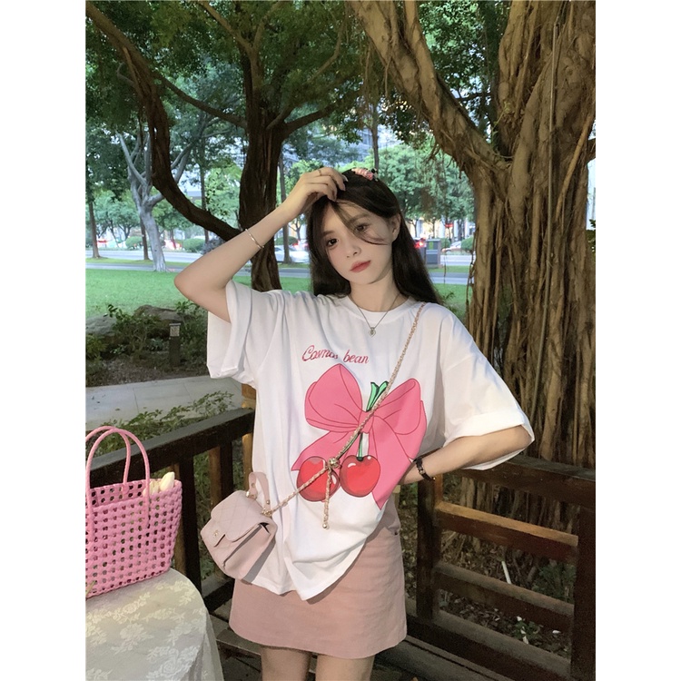 EUNII T-shirt Lengan Pendek Ceri Dasi Kupu-Kupu Pencetakan Longgar Korean Style/Kaos Atasan Wanita/Baju Kaus Oversize Wanita