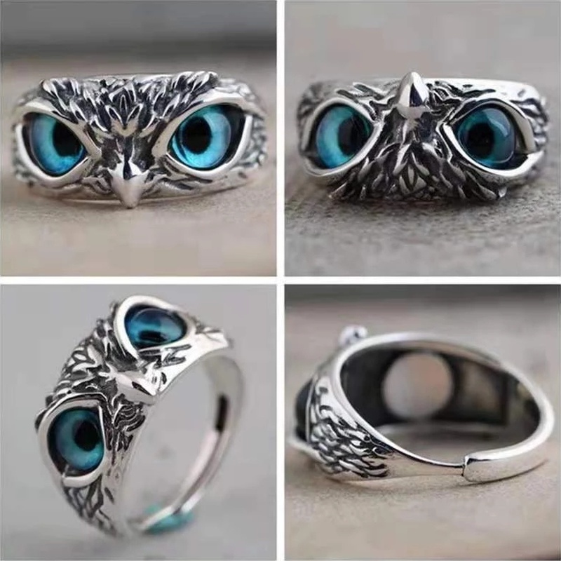 Cincin Silver Adjustable Desain Burung Hantu Mata Biru Bahan Metal Warna-Warni Untuk Pria Dan Wanita