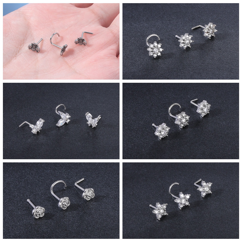 4pcs / Lot Anting Tindik Hidung Bentuk L Motif Hati / Bunga Bahan Stainless Steel 20g