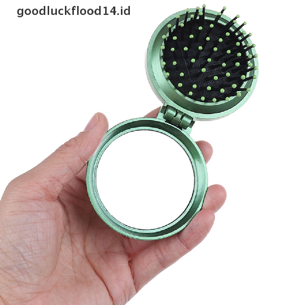 [OOID] Folding massage comb hair brush with mirror compact travel pocket comb ID