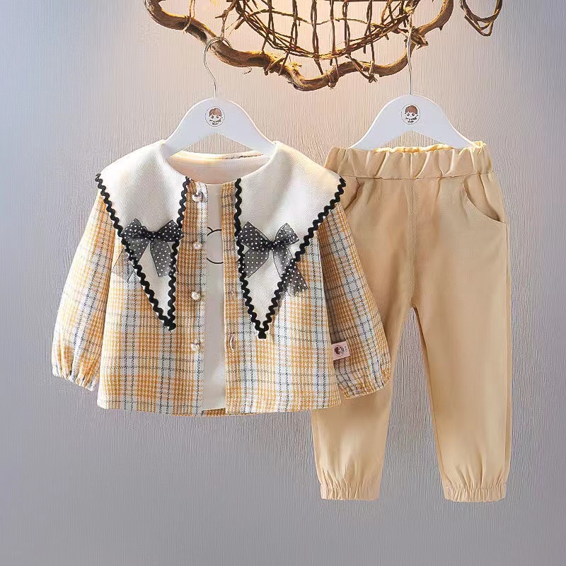 KF CAT Setelan Anak Perempuan  Fashion Kotak-Kotak Lengan Panjang+Blazer+Celana Panjang 3in1Korea Import Umur 1-4 Tahun-6