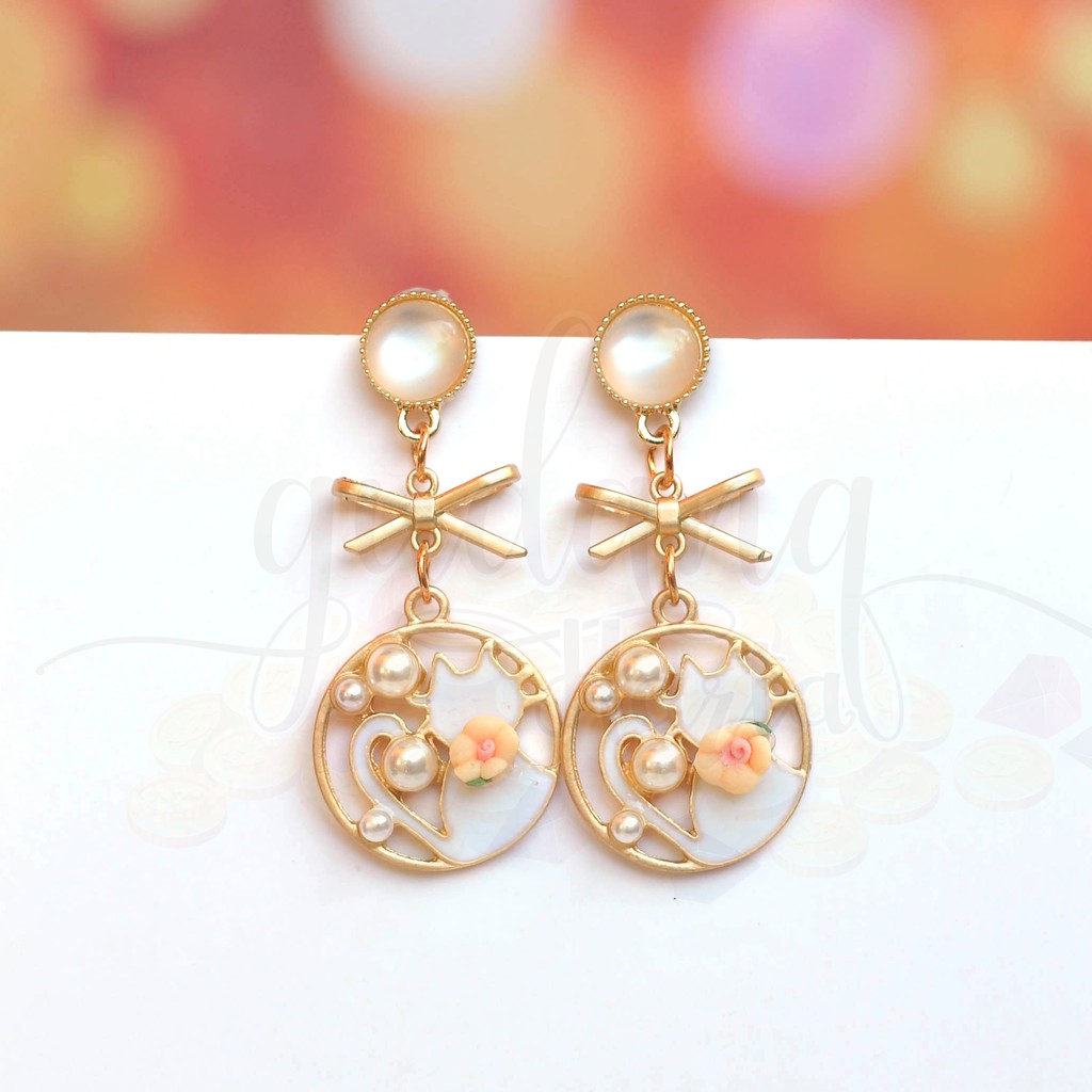 Anting Stud Panjang White Cat with Rose Kucing Lucu Unik GH 203626