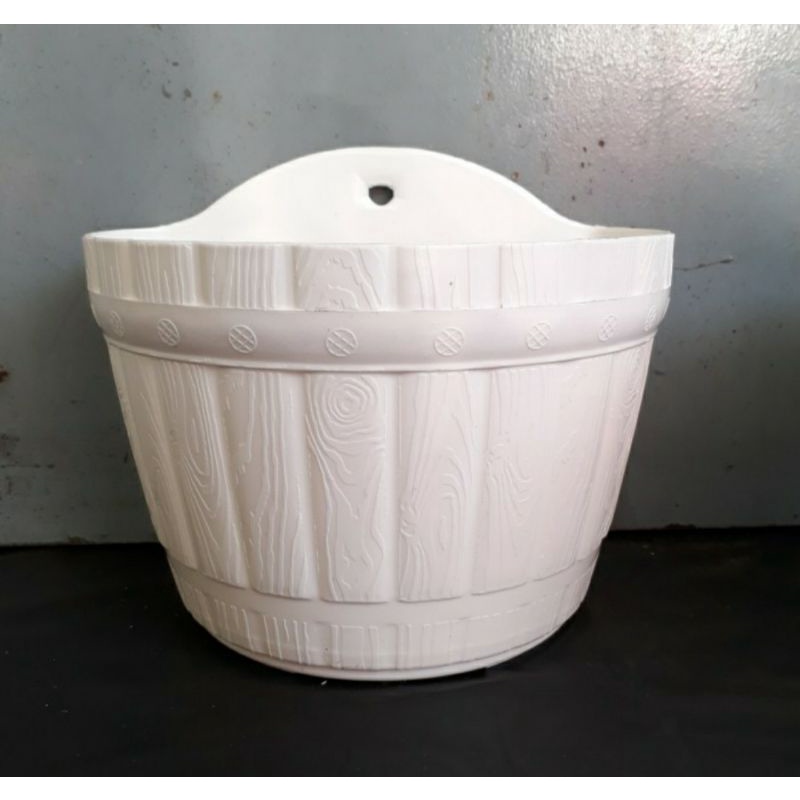Pot tempel 18 cm putih, pot dinding motif kayu, pot tempel motif
