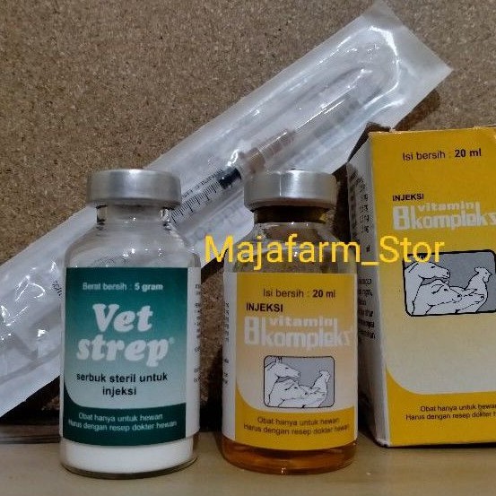 Vet Strep 5 gr + B Kompleks 20 ml+Jarum suntik 1 ml unuk ayam/unggas/burung/CRD,Mencret,Snot
