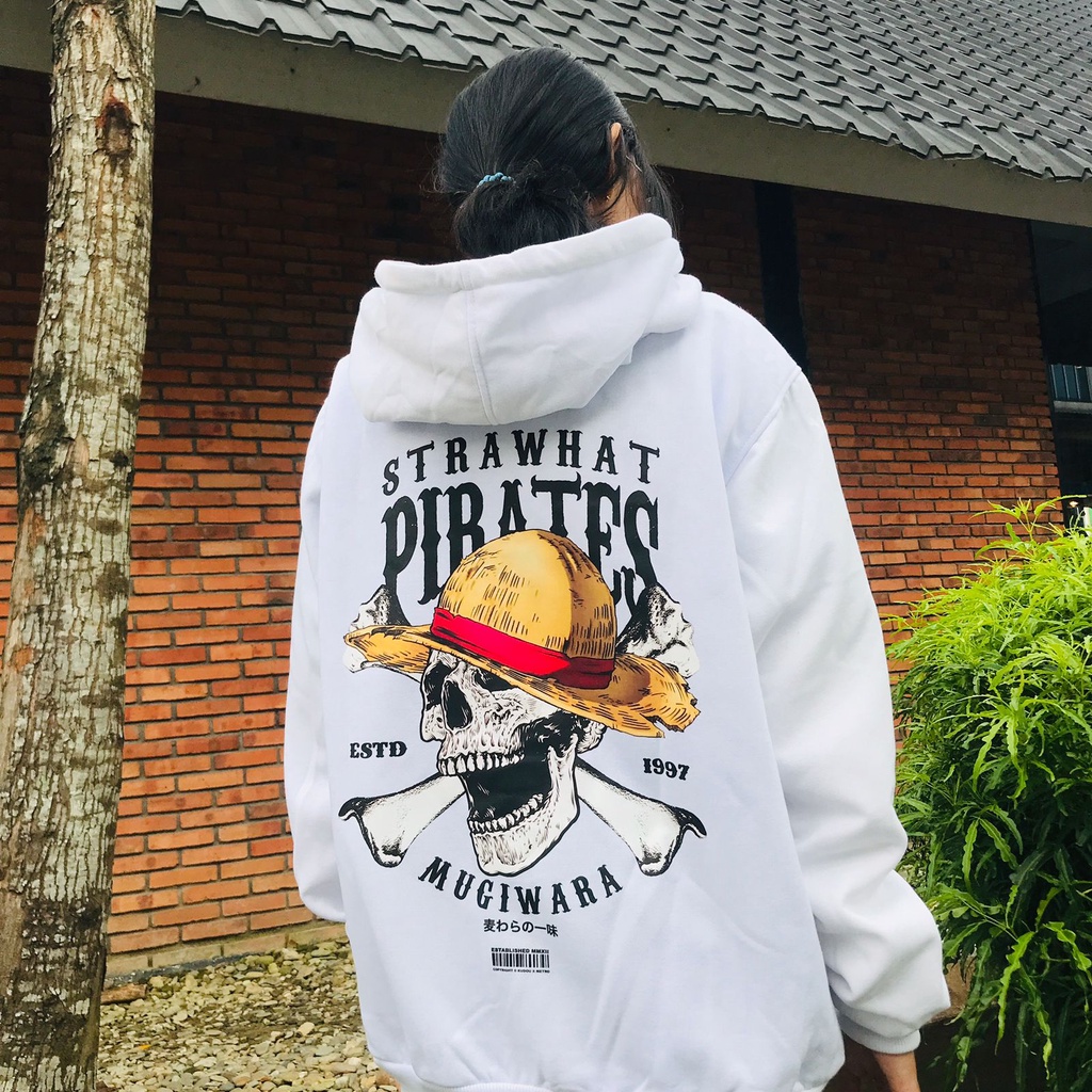 Jaket Strawhat Skull Mugiwara White Anime Manga One Piece Premium Unisex