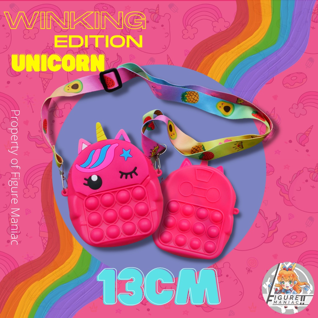 Figure Maniac - Tas Pop It Winking Unicorn Sling bag edition premium import size 13 cm free tali selempang Tas Anak Tas Handphone Tas Mainan Anak Tas Sekolah