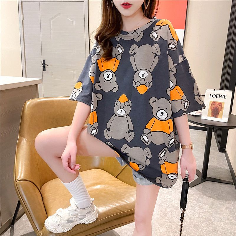 THISTLE - Oversize Tee Tshirt Wanita Model Longgar Motif Bear Topi Oren Full Print