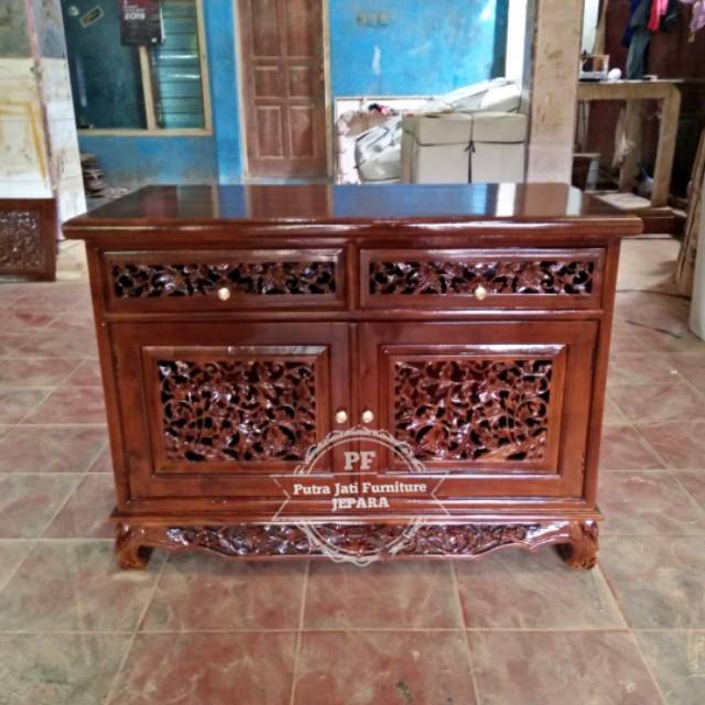 Bufet/ Meja Tv Palembang Bahan Kayu Jati - Lemari Hias Kecil Ukiran Jepara