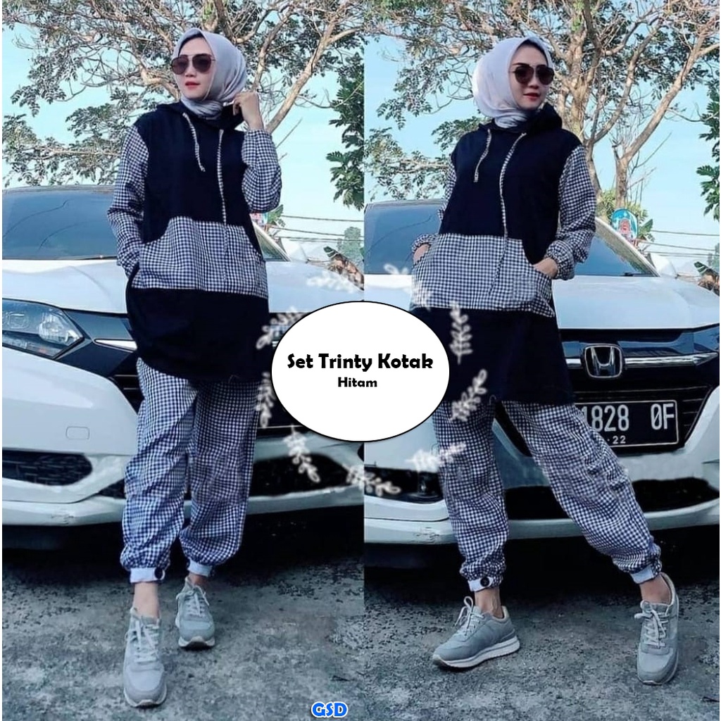 Trinty /Setelan Muslim Baju Dan Celana Jogger Panjang Wanita Casual Outfit Jalan Motif Kotak Ada Hoodie Bahan Babyterry