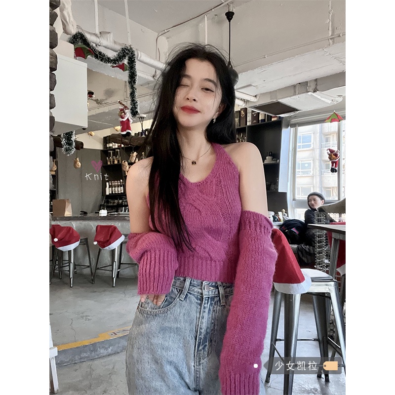 Red Kalung Slim Fit Sweater Tanpa Lengan Desain Wanita Sense Kecil dengan Celana Dalam Lengan Set 2