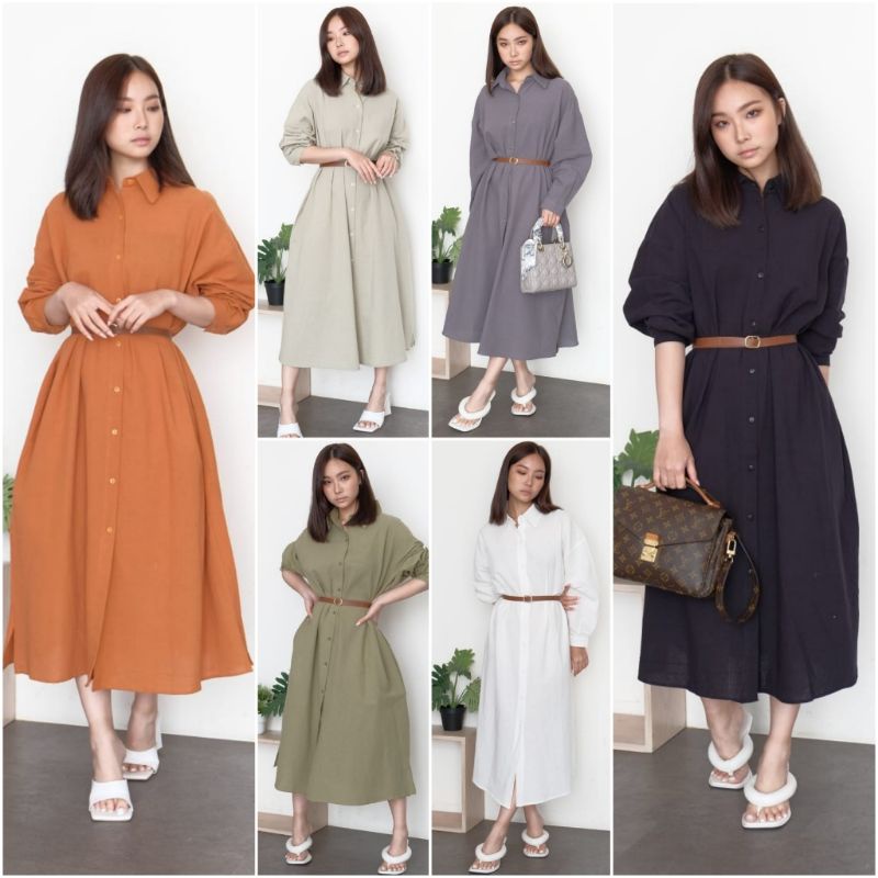 ❣️ SPECIAL PRICE ♡ PREMIUM ♡ ORIGINAL ! RACHELLY TUNIK BIG SIZE COLLAR BUTTON MIDI DRESS WITH BELT ( BUSUI BUMIL HIJAB FRIENDLY )