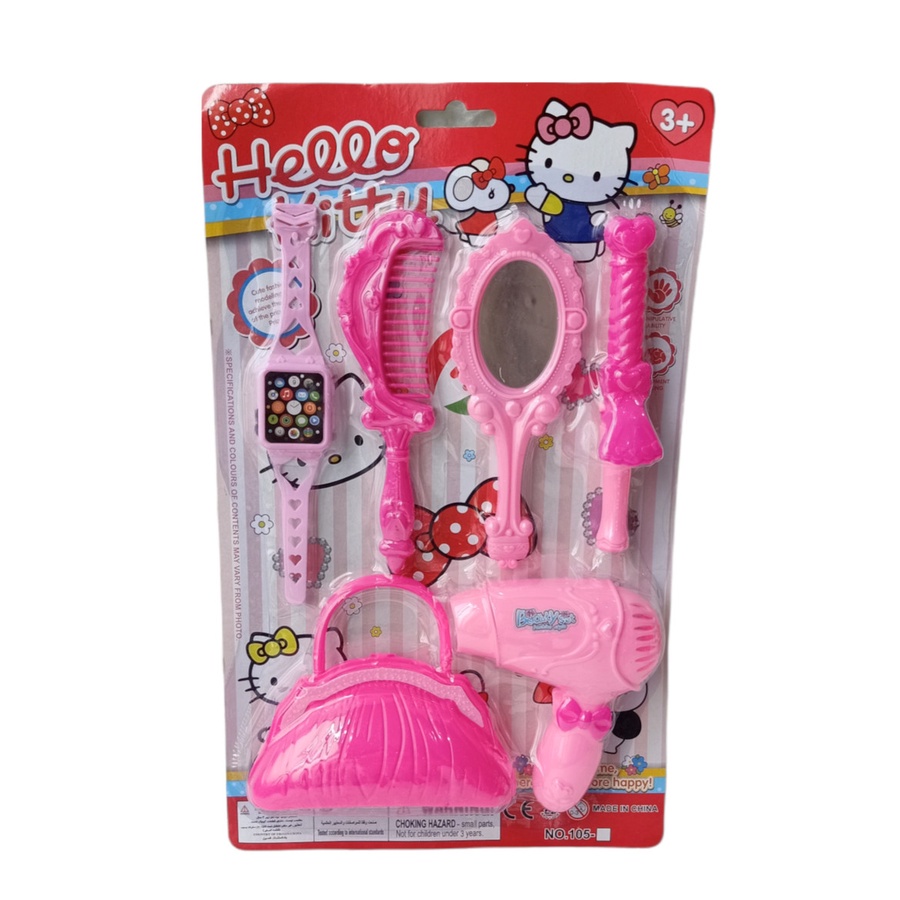 [105AB] Mainan Anak Perempuan Hello Kitty Beauty Set Make Up / Peralatan Dandan + Tas + Cermin + Hairdryer + Sisir + Jam Tangan TANPA BATERAI