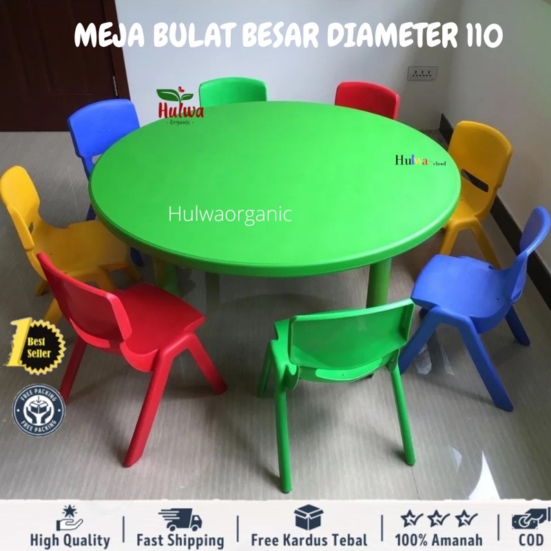 

MEJA ANAK BULAT BENTUK BULAT UKURAN BESAR DIAMETER 110 cm kaki besi dan 8 KURSI