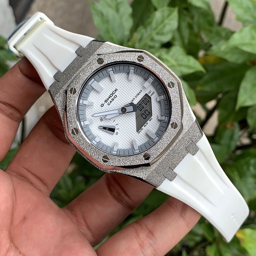 Casioak Gshock GA 2100 White Diamond Silver Rubber White 44mm