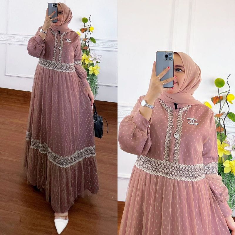 COD - Khalisa Dress Gamis Tille Dotty Full Puring Aksen Renda Brukat Ld 110 Fit To XL Fashion Muslim Wanita Gaun Maxy Maxi Pesta Kondangan Termurah-1
