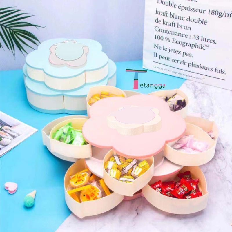 Toples Bunga Mekar,rotating Putar Kue/Candy/Snack/buah Tingkat 2 Susun + Tempat Dudukan Storage Box