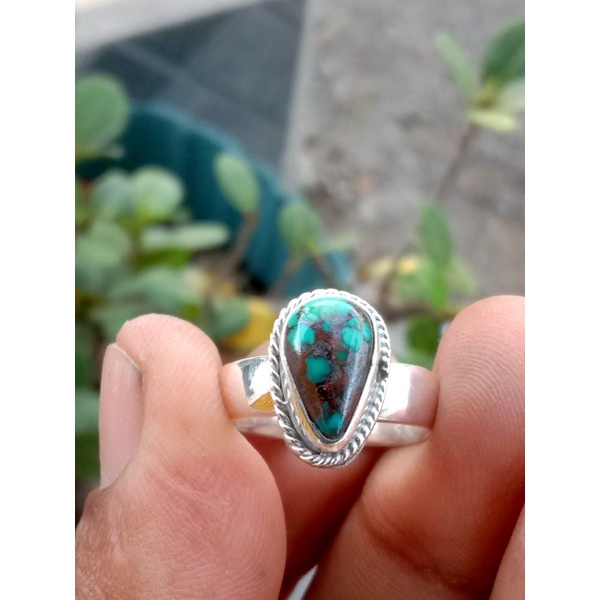 Natural batu pirus Persia hijau ceplok ring perak 925 jaminan batu asli