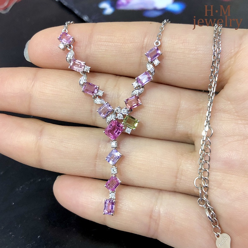 Set Kalung Rantai Dengan Liontin Batu Sapphire Warna Ungupink Untuk Wanita