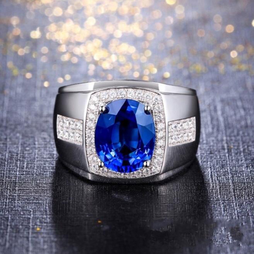 Platinum Safir berlian Perak perhiasan Fashion baja titanium Zirkon Biru Kristal Pria wanita pernikahan Cincin Rings