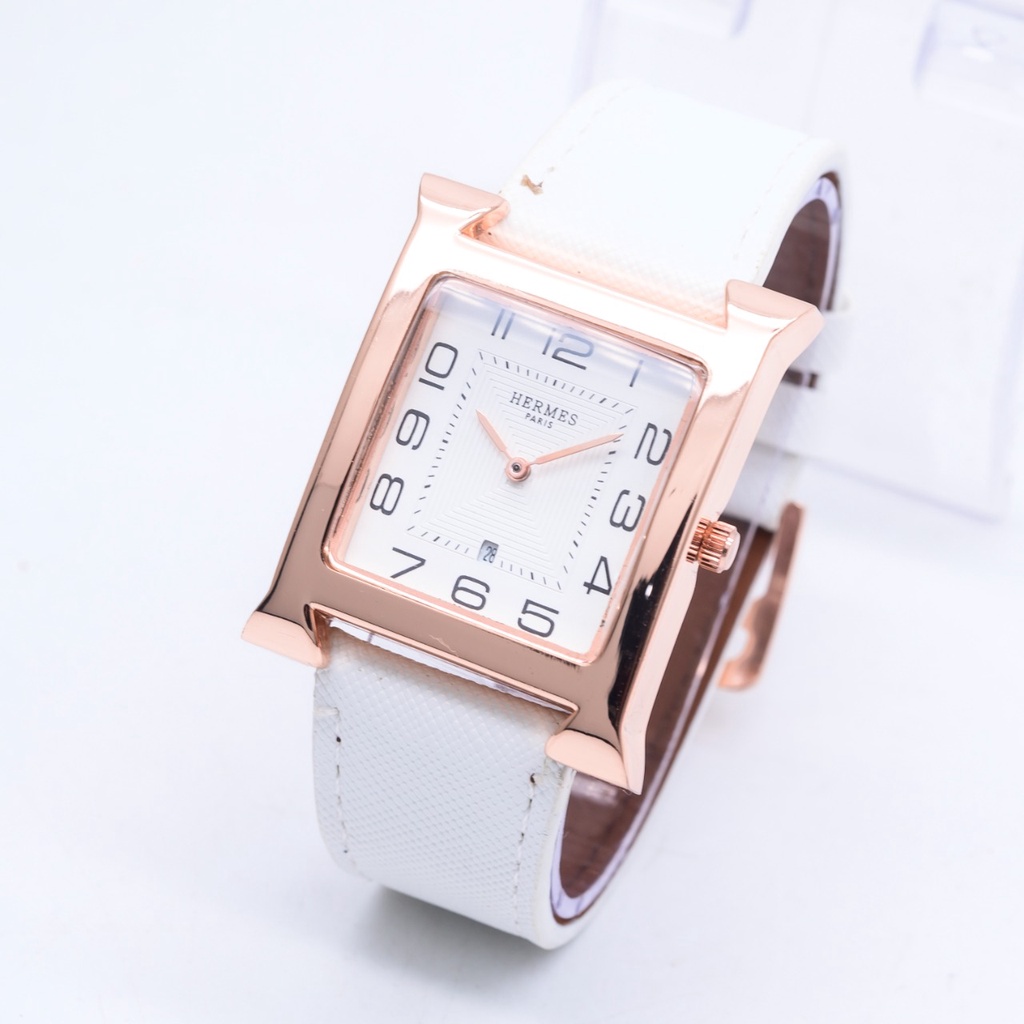 COD Jam Tangan Fashion H3RMES Wanita / Jam Tangan Cewek Kulit Persegi Tanggal Aktif HB12