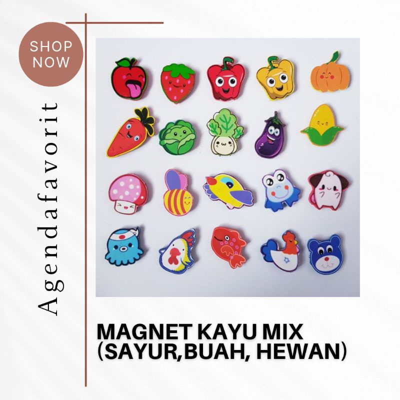 Tempelan Kulkas | Magnet Kayu Hewan dan Buah 20 pcs