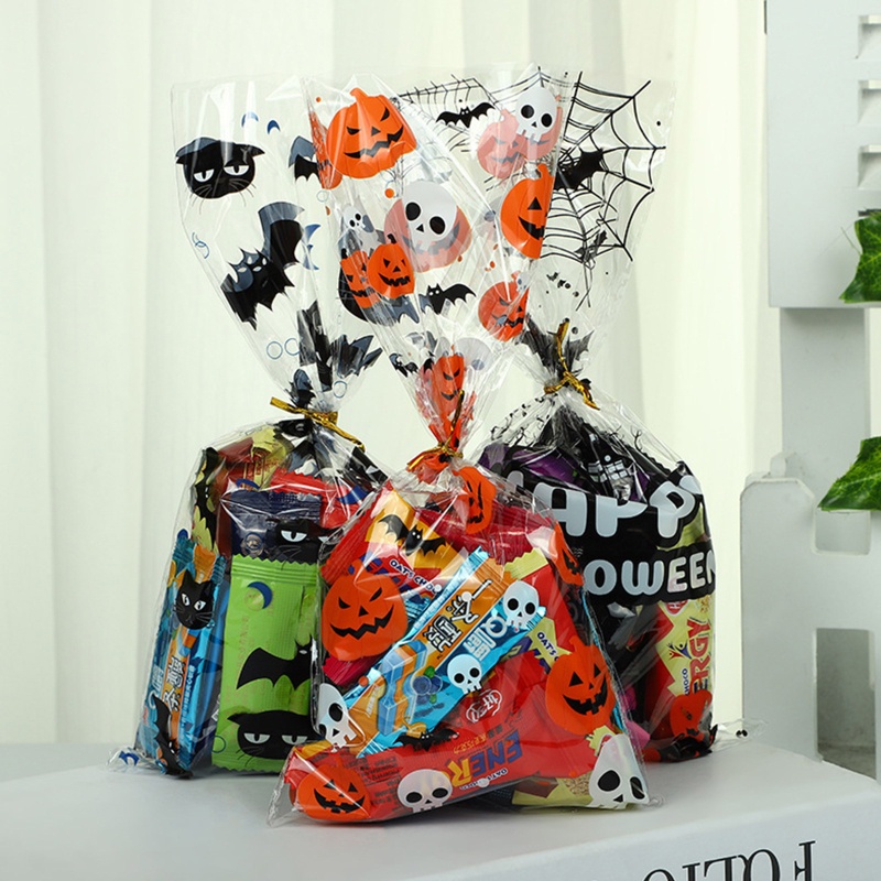 50pcs / set Tas Permen / Kue / Snack Warna Bening Untuk Dekorasi Pesta Halloween