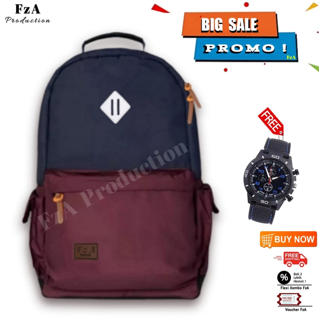 Tas Ransel Punggung Distro Casual Pria Wanita / Tas Ransel Laptop Original - FzA Gratis Jam Tangan Sport