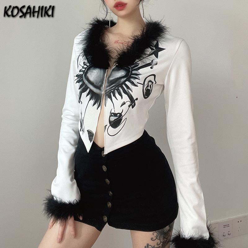 KOSAHIKI Sexy Crop Top Women Goth Print Fur Collar Long Sleeve Y2k Clothing Japanese Harajuku Slim S