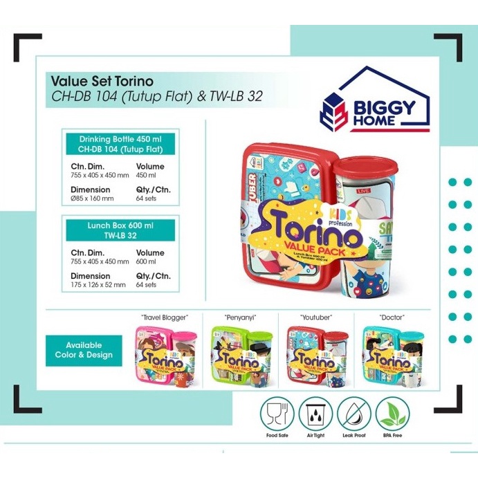 Lunch Box + Tumbler Set Souvenir Ultah Serbaguna Kotak Bekal Anak Tempat Makan Sekolah Bonus Botol Torino