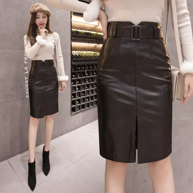 rok span wanita / rok kulit wanita belah depan mode belt