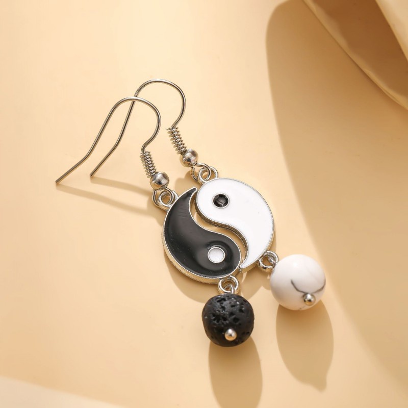 1 Pasang Anting Manik-Manik Batu Yin Yang Tai Chi Bahan Alloy Gaya Vintage Untuk Wanita