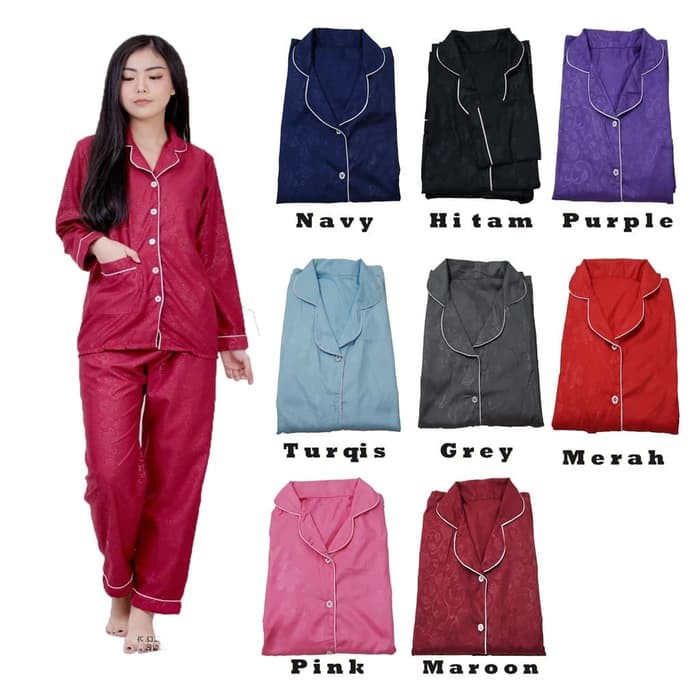 Fortglass LP Piyama Saten Sleepwear Stelan Baju Tidur Lengan Panjang Celana Panjang Satin Embos