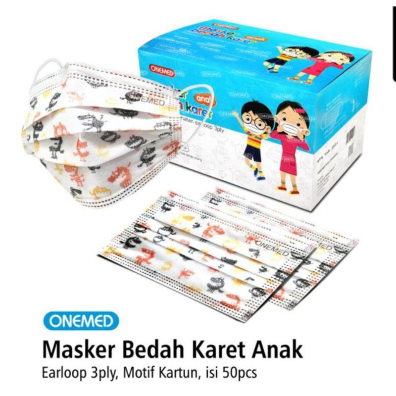 OneMed Masker Anak Earloop 3Ply Motif Kartun - Masker Bedah Karet Anak / Surgical Mask Anak Box Isi 50 Pcs