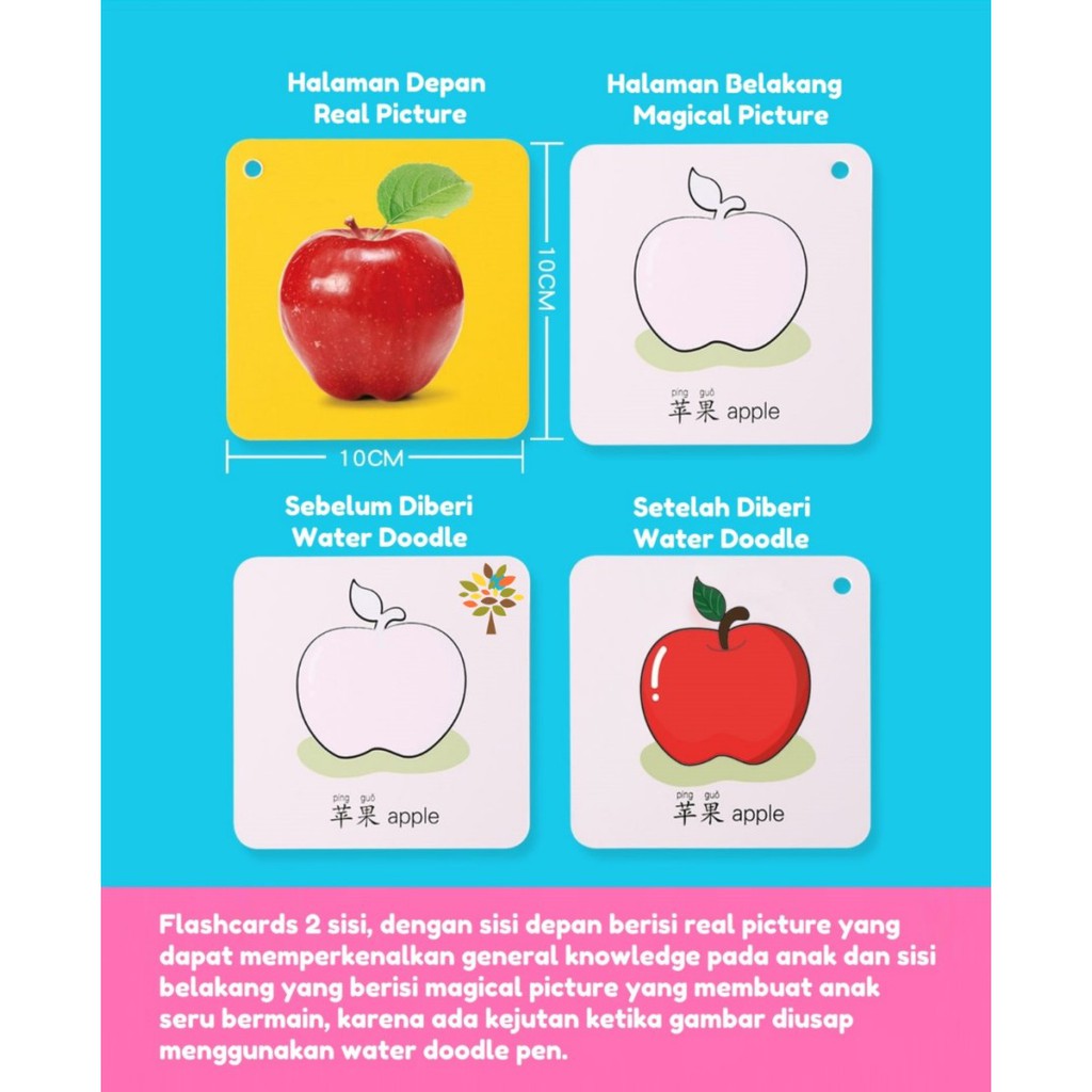 mainan edukasi magic water flashcard - flash cards angka buah hewan transportasi