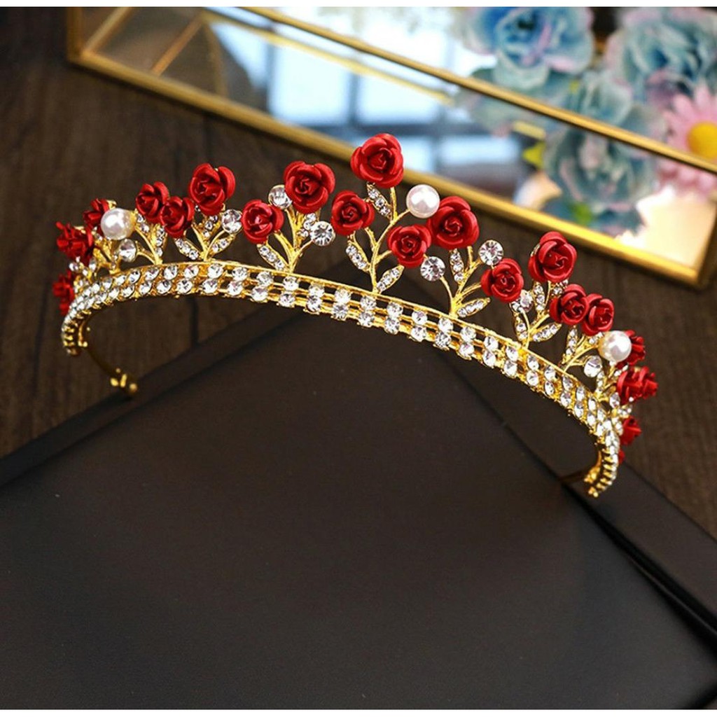 Red Flowers Crown - Mahkota Kristal Ala Tiara Untuk Pengantin Pernikahan