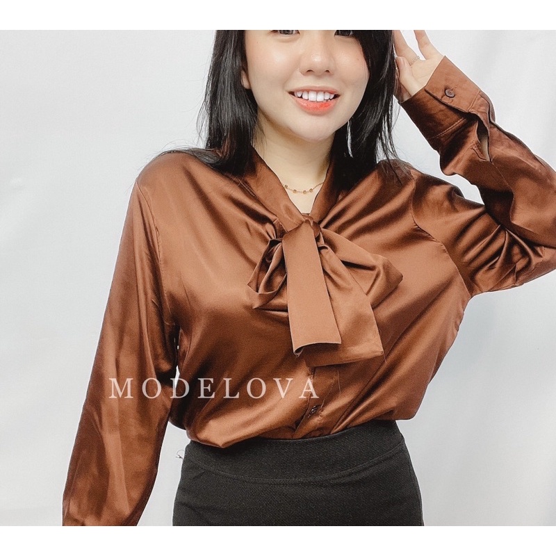 MDLV ~ 7132 Ridelian Tie Neck Shirt Blouse Satin Blouse Premium Blouse Import Blouse Korea Blouse Pita Blouse Casual Atasan Satin Lengan Panjang Fashion Wanita Fashion import