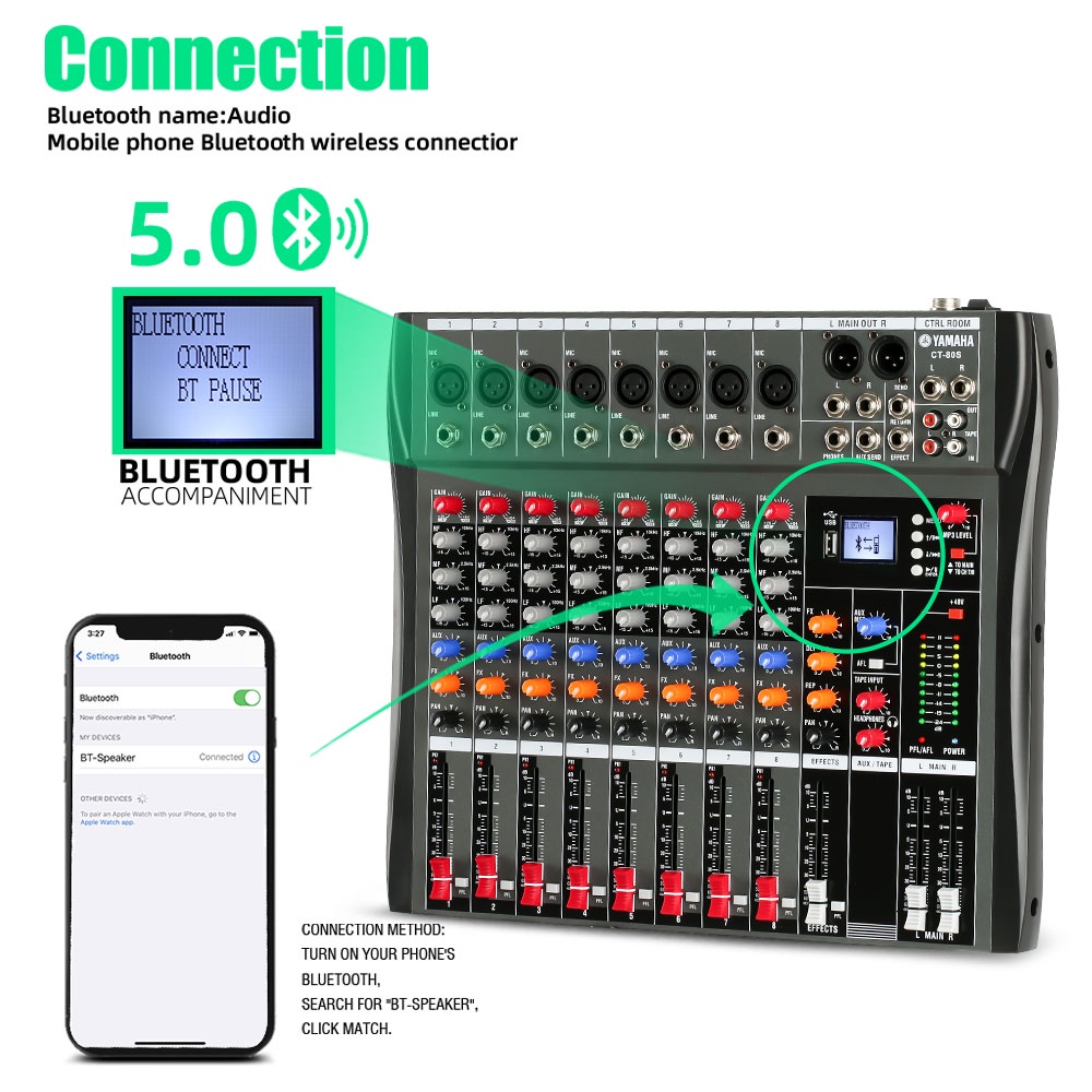 CT80S Pengaduk Audio Profesional 8 saluran mixer Efek gema bawaan Mendukung pemutaran Bluetooth/UBB/PC/MP3 Dukungan untuk penggunaan di dalam kendaraan Peralatan bernyanyi KTV pertunjukan luar ruangan