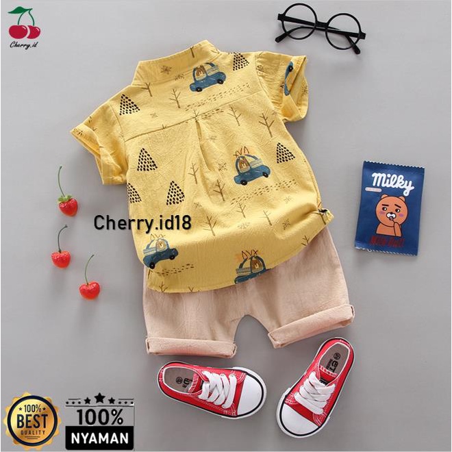 Cherry COD - Setelan Kemeja Anak Laki - Laki Import / Baju Anak / Baju Kemeja Anak Motif Bear KB16