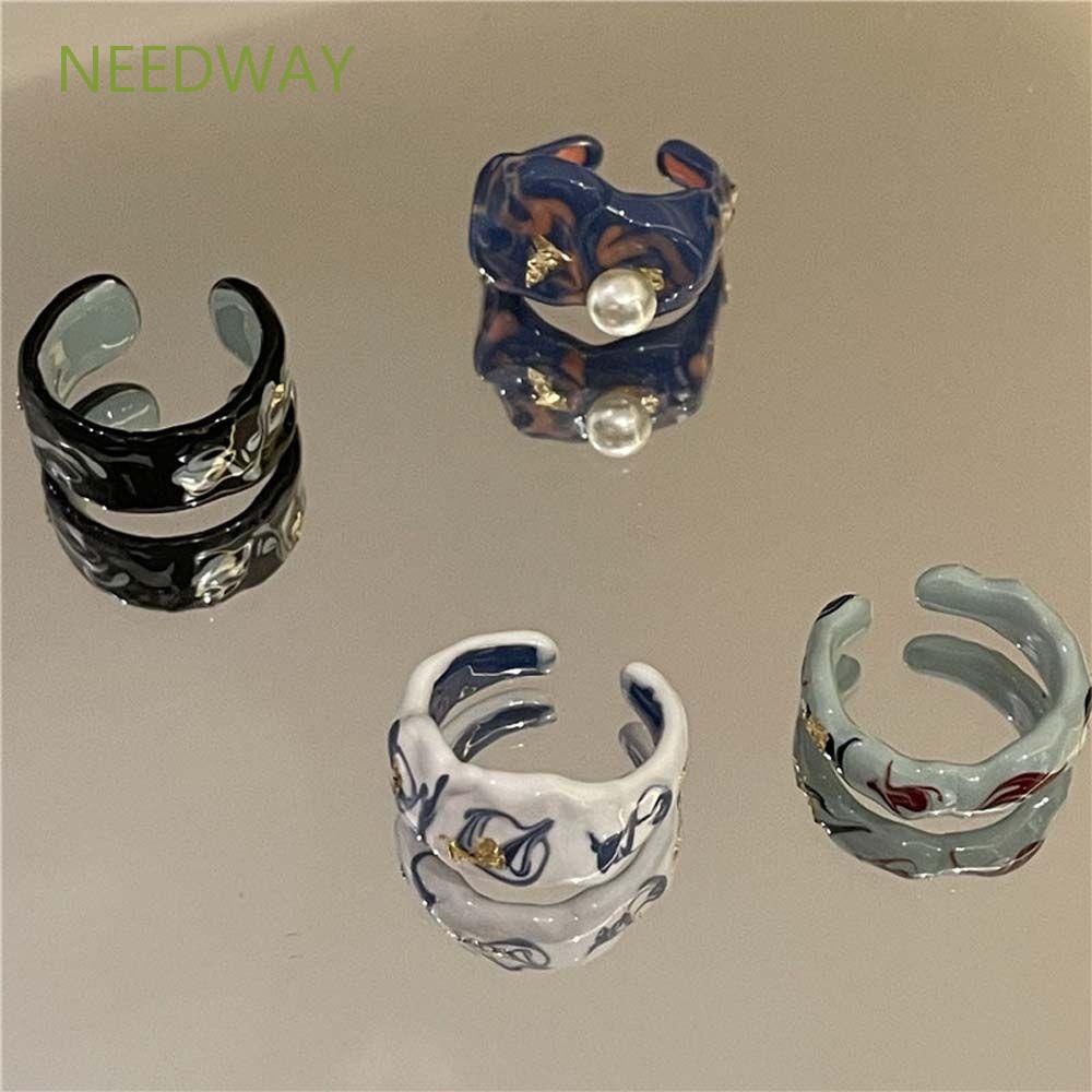 Needway  Retro Open Ring Personality Fashion Jewelry Finger Rings Women Pearl Korean Temperament Painted Flower Girls Alloy/Multicolor