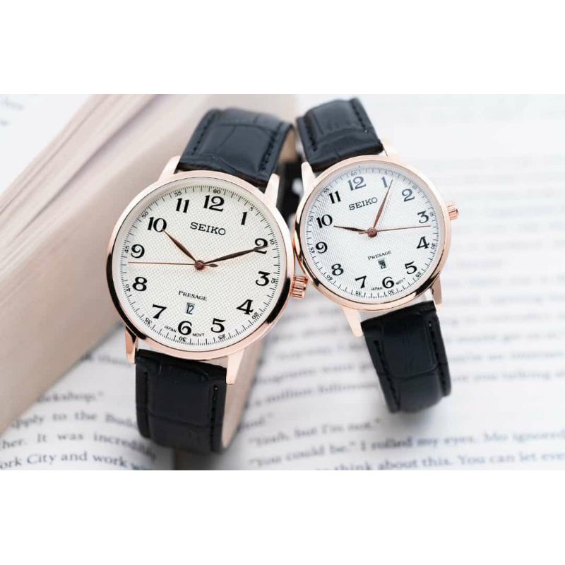 jam tangan couple Seiko kulit tgl aktif DM4cm & DM3.2cm