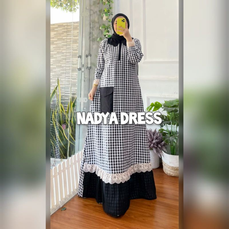nadya gamis /gamis kotak hitam putih/gamis kotak-kotak/gamis mix renda