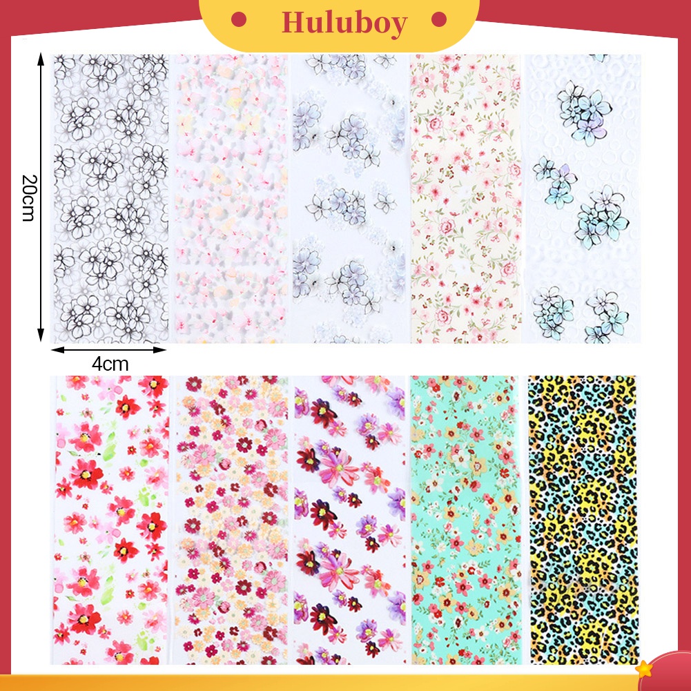 Huluboy Huluboy♡ 10 Lembar Stiker Kuku Motif Print Bunga Untuk Dekorasi Manicure